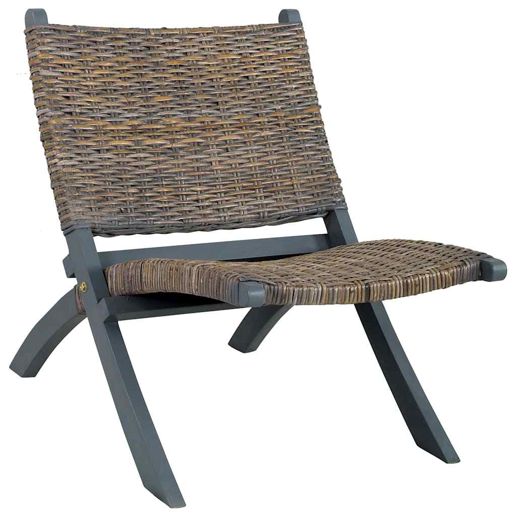 285801 vidaXL Relaxing Chair Grey Natural Kubu Rattan and Solid Mahogany Wood