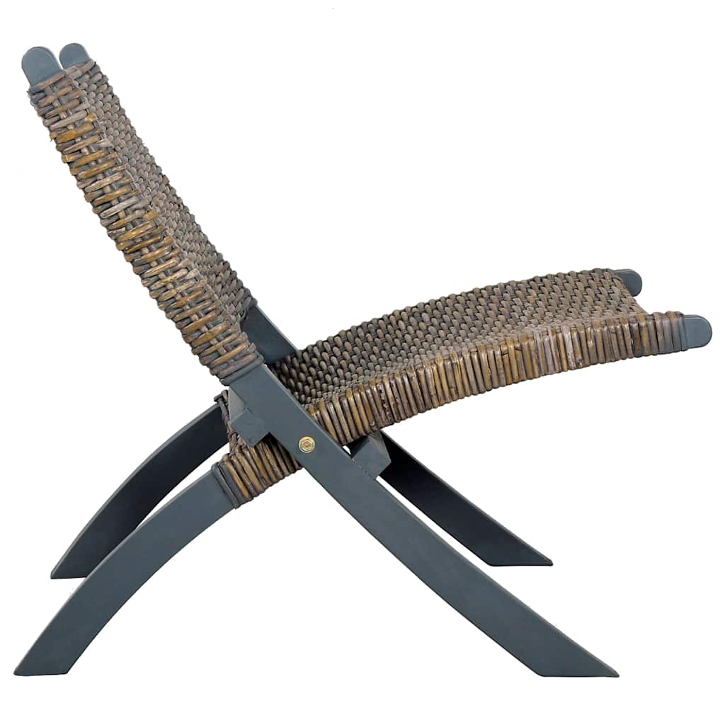 285801 vidaXL Relaxing Chair Grey Natural Kubu Rattan and Solid Mahogany Wood