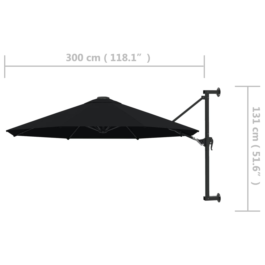 vidaXL Wall-Mounted Garden Parasol with Metal Pole 300 cm Black