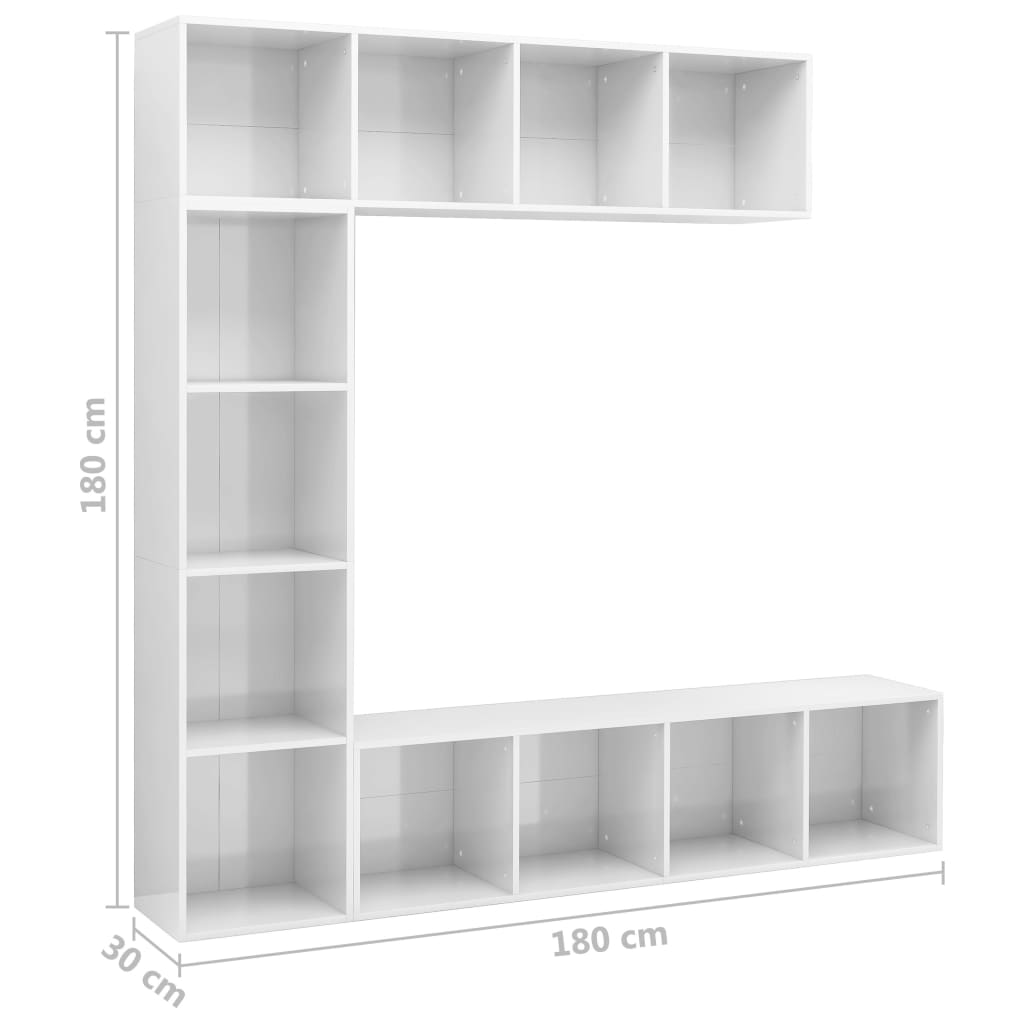 vidaXL 3 Piece Book/TV Cabinet Set High Gloss White 180x30x180 cm