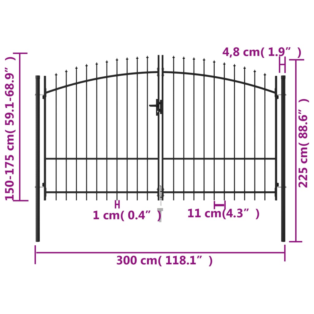 vidaXL Fence Gate Double Door with Spike Top Steel 3x1.75 m Black