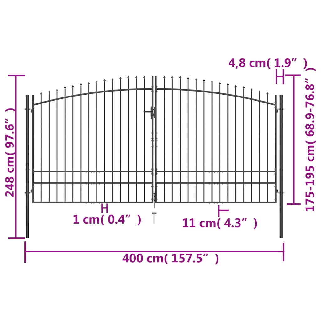 vidaXL Double Door Fence Gate with Spear Top 400x248 cm