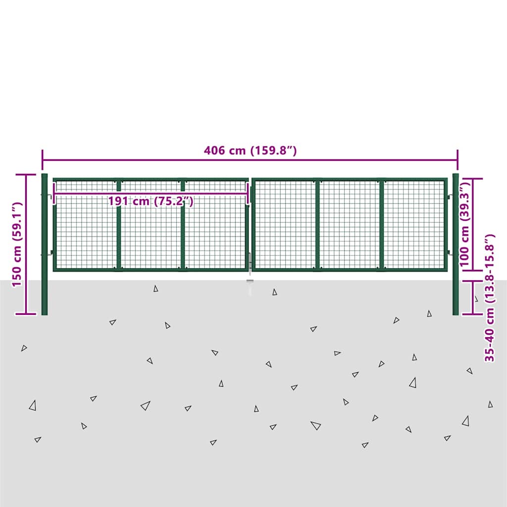 145748 vidaXL Mesh Garden Gate Steel 400x100 cm Green