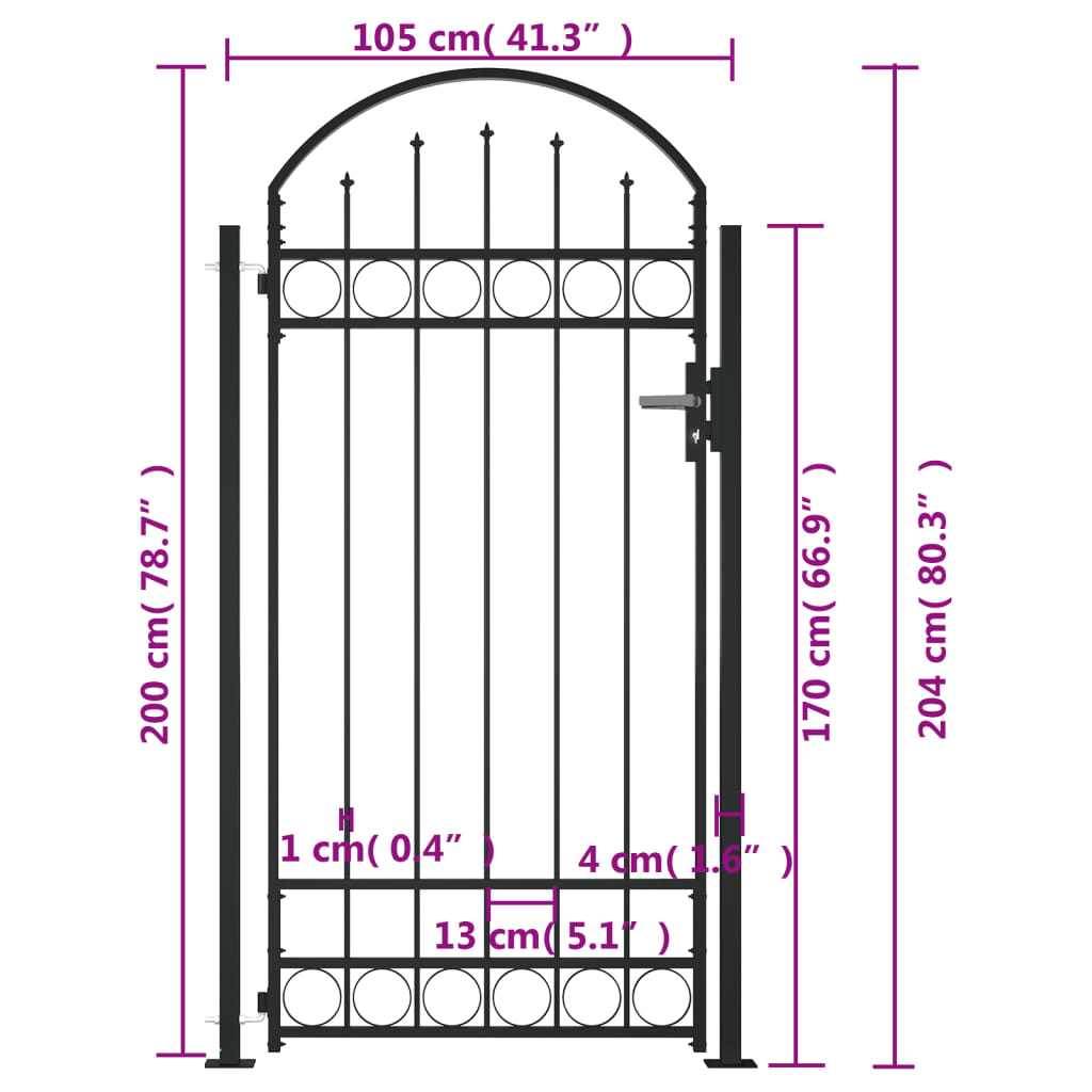 vidaXL Fence Gate with Arched Top and 2 Posts 105x204 cm Black