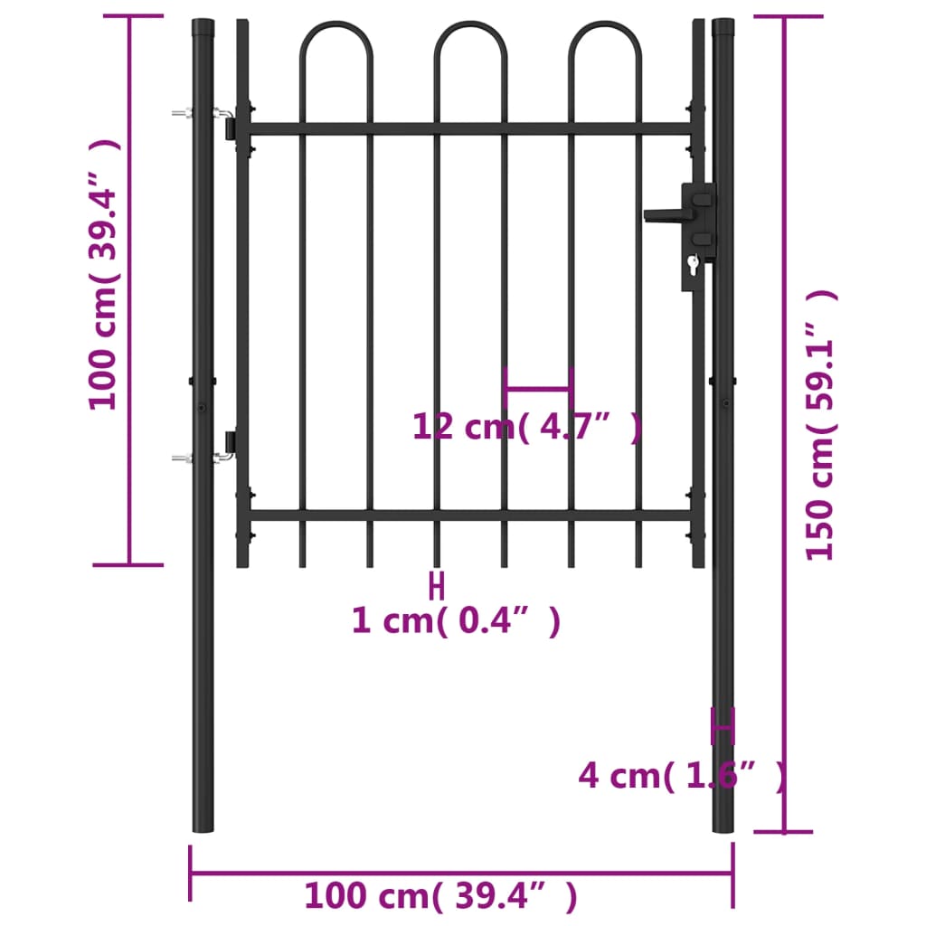 vidaXL Fence Gate Single Door with Arched Top Steel 1x1 m Black