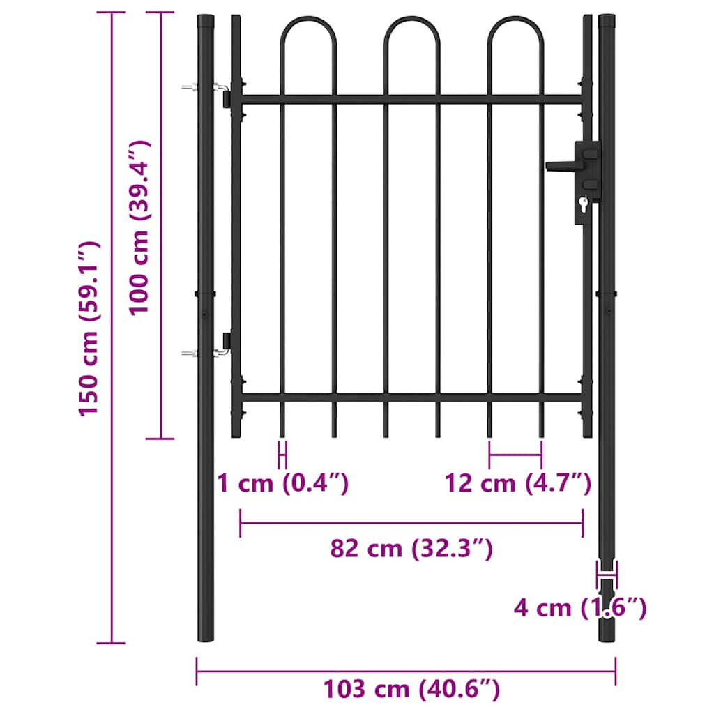 Fence Gate "BOXTEL" Single Door with Arched Top Steel 1x1 m Black