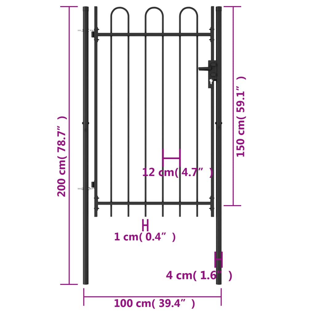 vidaXL Fence Gate Single Door with Arched Top Steel 1x1.5 m Black