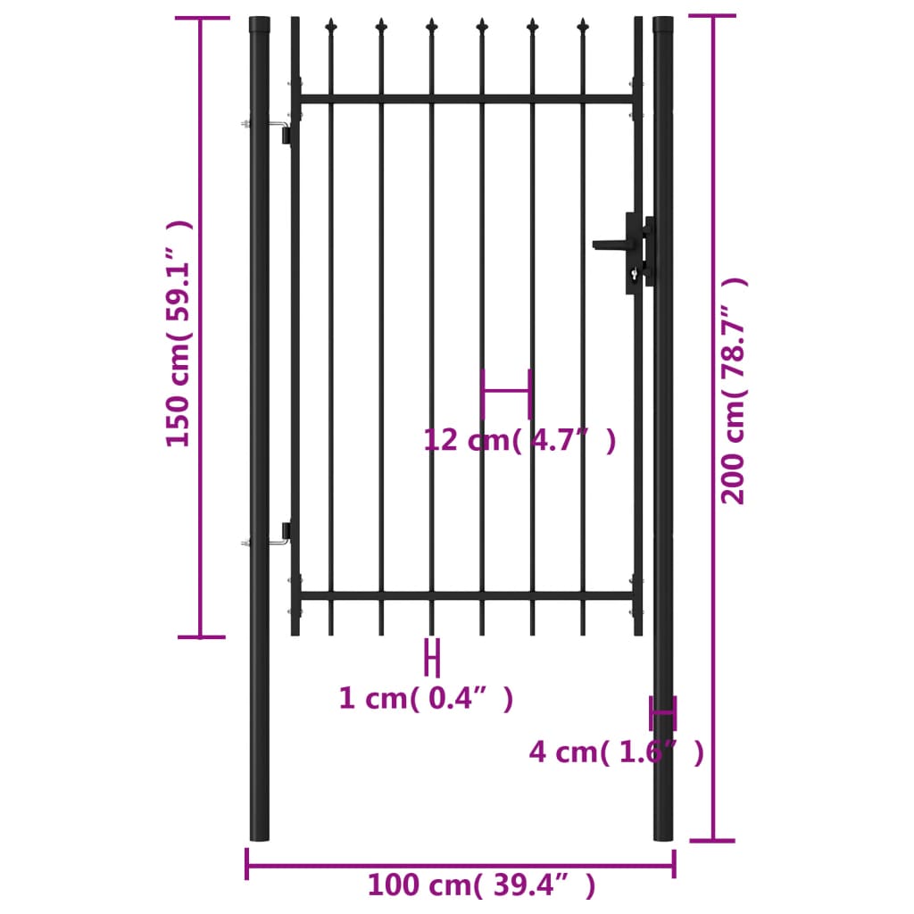 vidaXL Fence Gate Single Door with Spike Top Steel 1x1.5 m Black