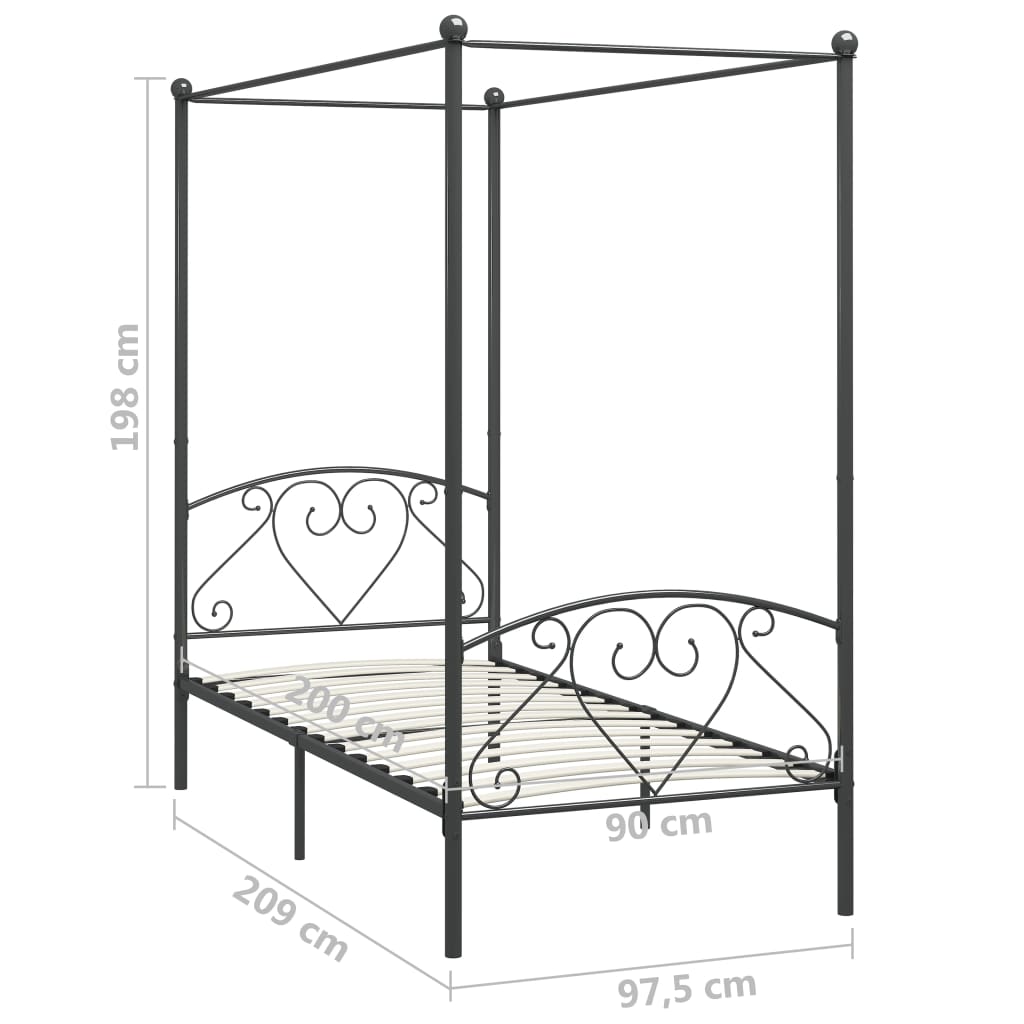 284440 vidaXL Canopy Bed Frame without Mattress Grey Metal 90x200 cm