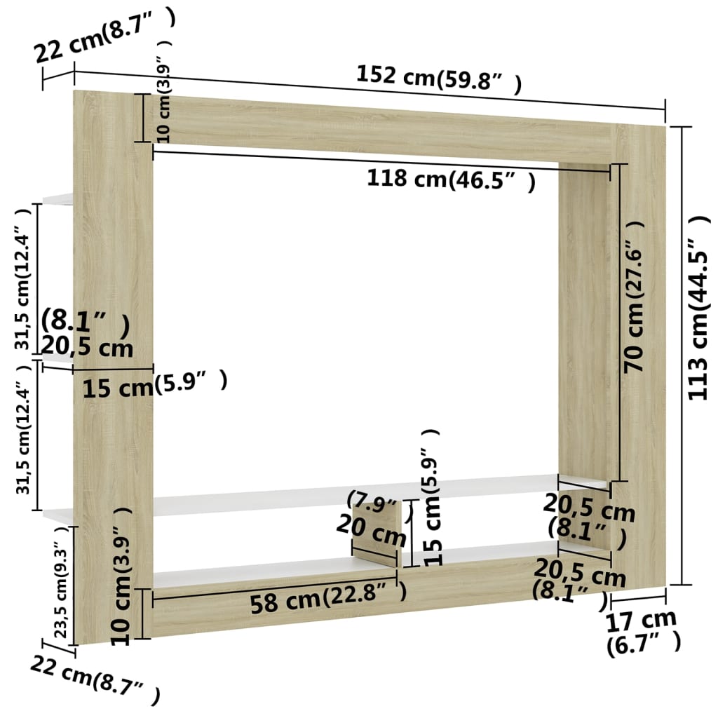 vidaXL TV Cabinet White and Sonoma Oak 152x22x113 cm Engineered Wood