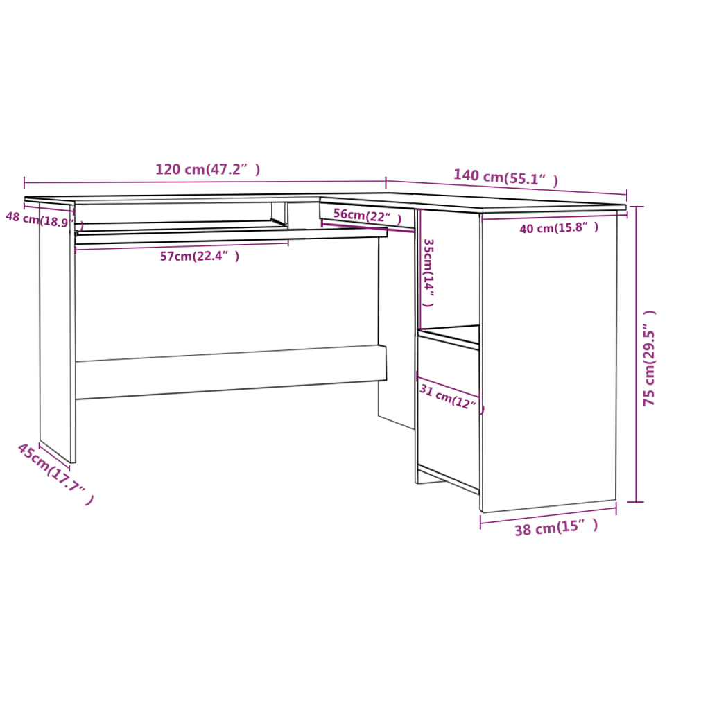 vidaXL L-Shaped Corner Desk White 120x140x75 cm Engineered Wood