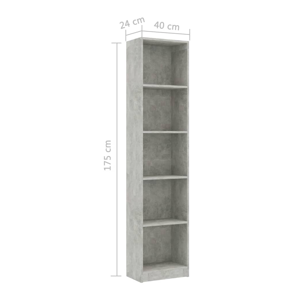 vidaXL 5-Tier Book Cabinet Concrete Grey 40x24x175 cm Engineered Wood