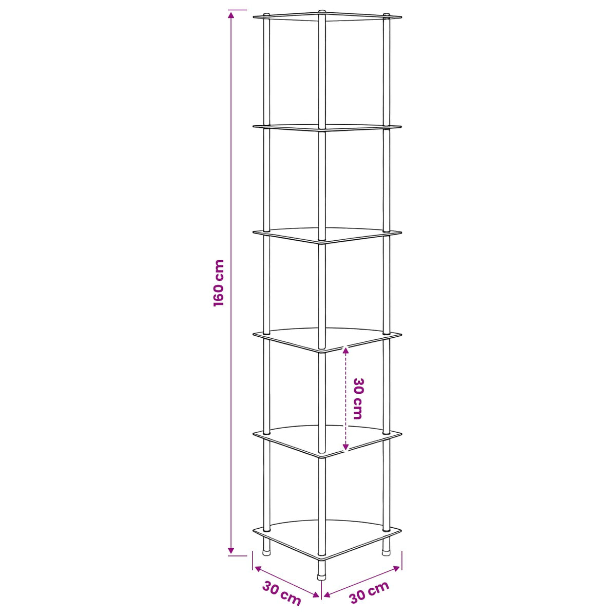 6-Tier Shelf Transparent 30x30x160 cm Tempered Glass