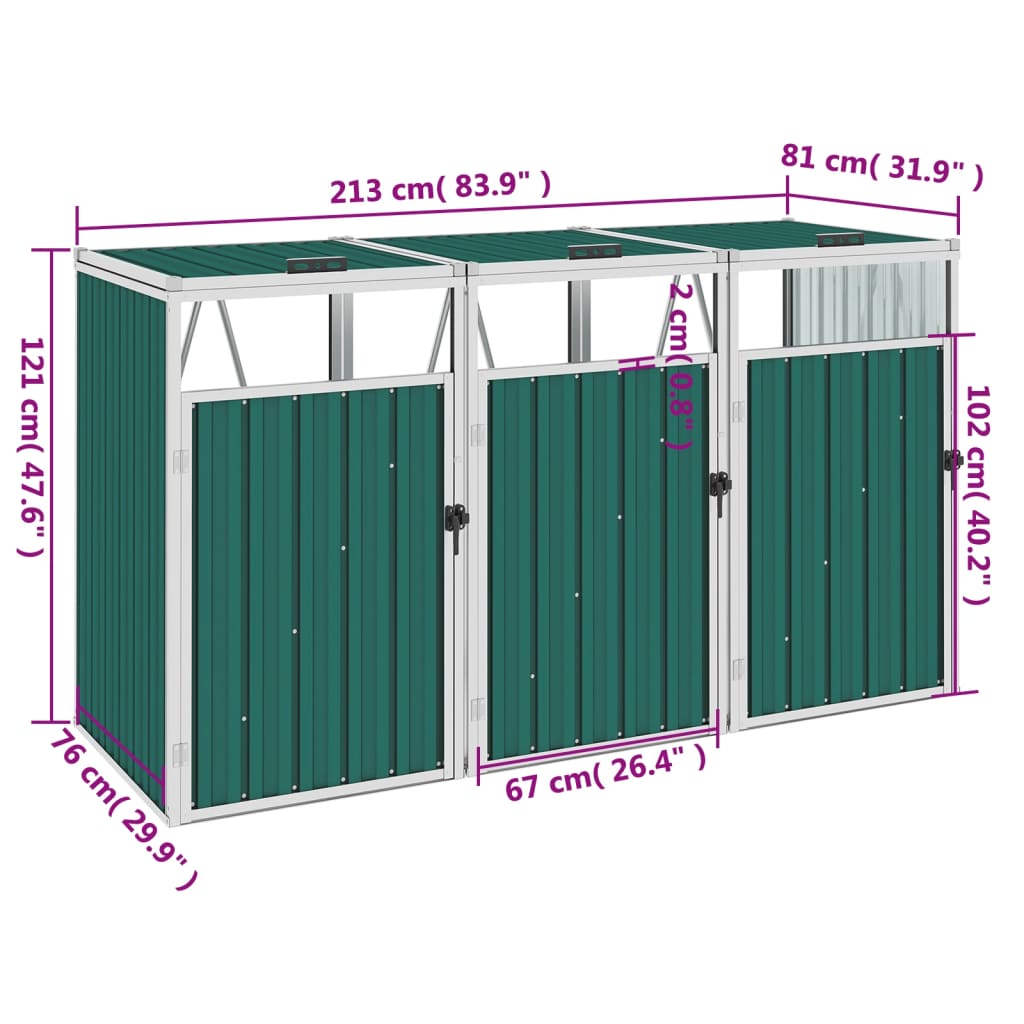 vidaXL Triple Garbage Bin Shed Green 213x81x121 cm Steel