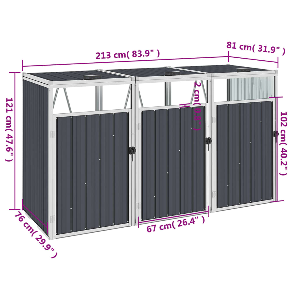 vidaXL Triple Garbage Bin Shed Anthracite 213x81x121 cm Steel