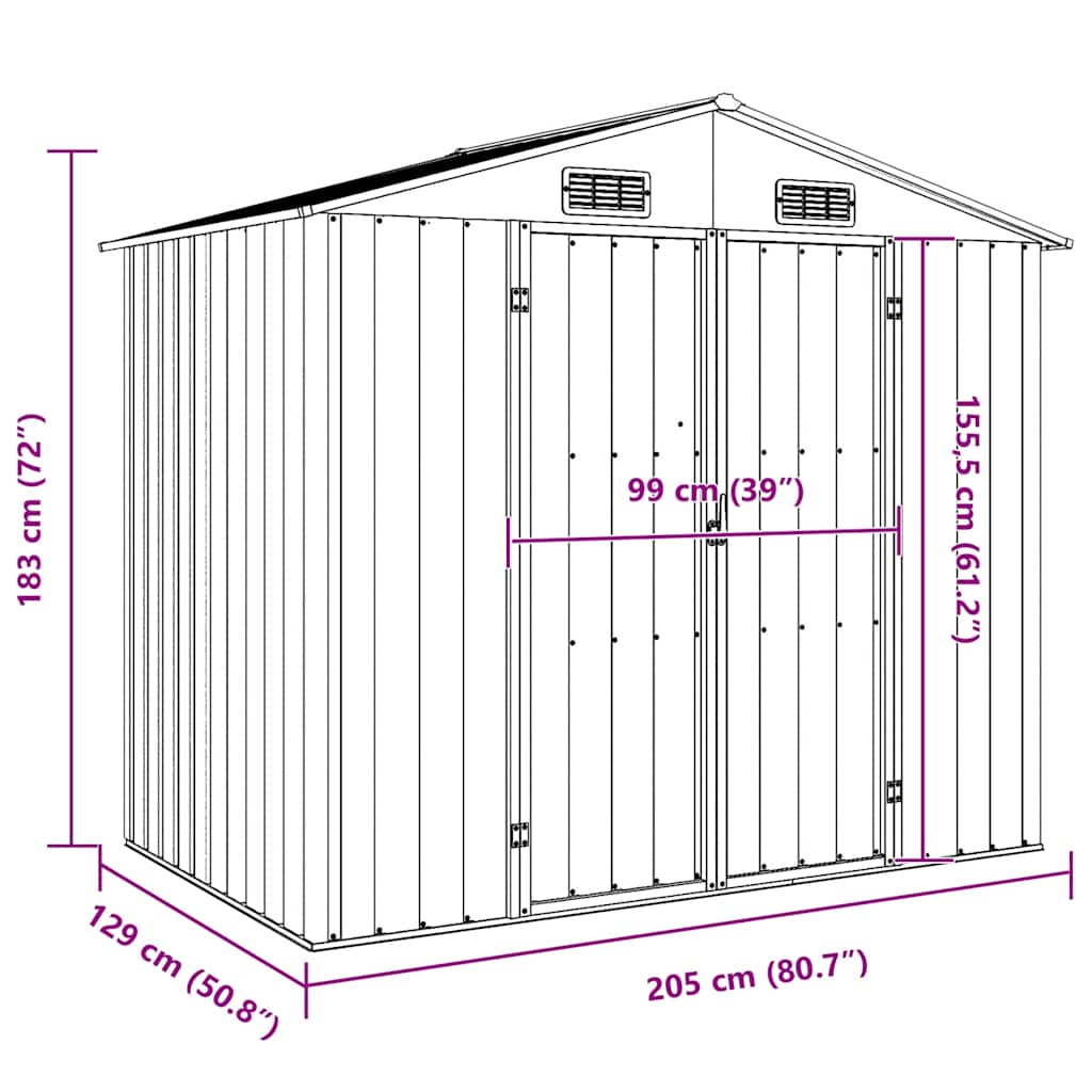 Garden Shed Grey 205x129x183 cm Galvanised Steel