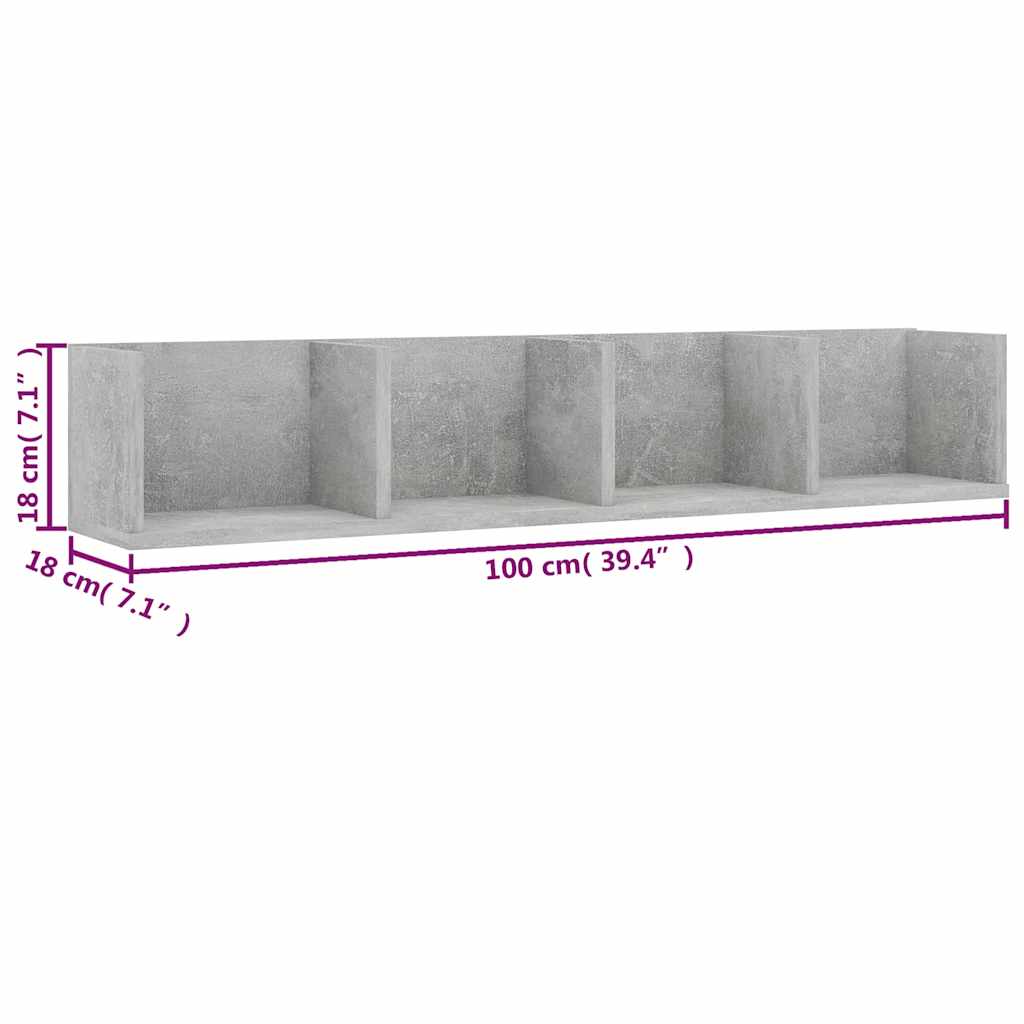 801323 vidaXL CD Wall Shelf Concrete Grey 100x18x18 cm Engineered Wood