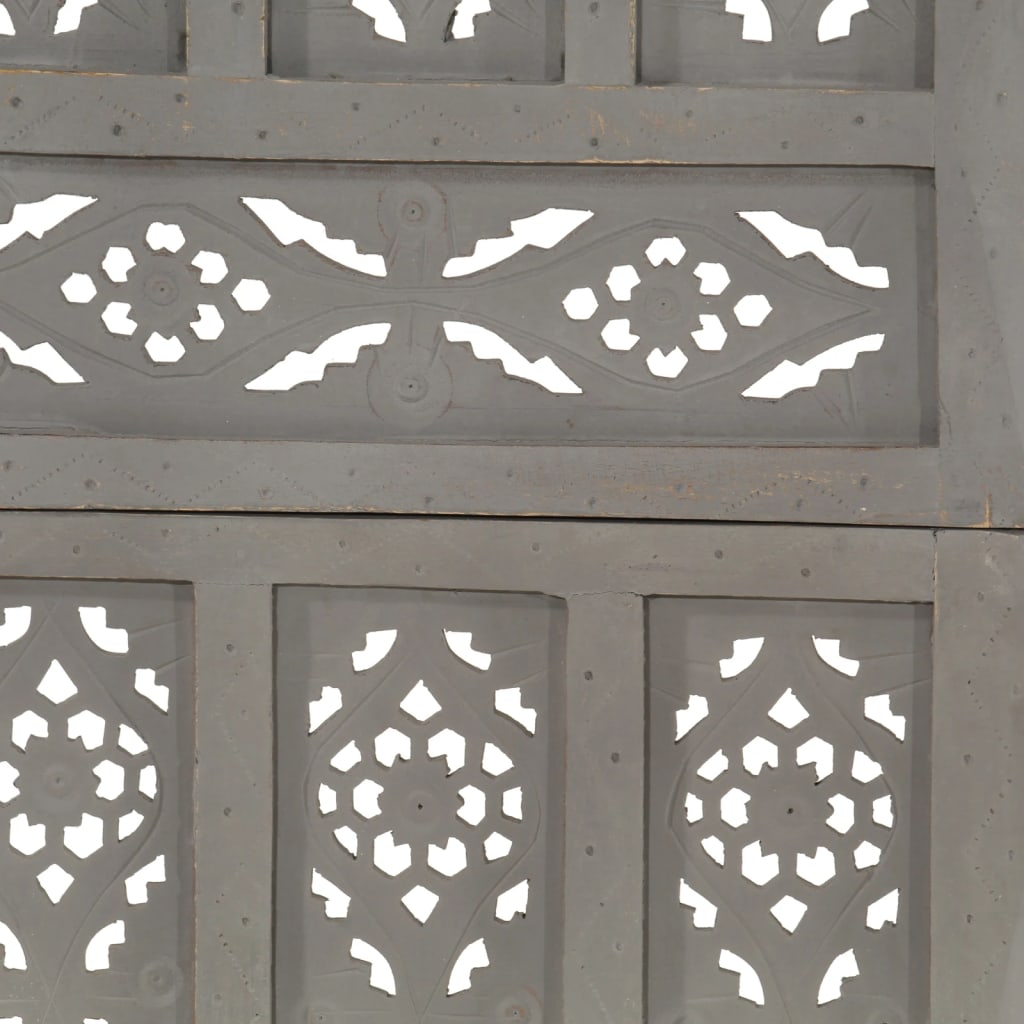 Hand carved 5-Panel Room Divider Grey 200x165 cm Solid Mango Wood