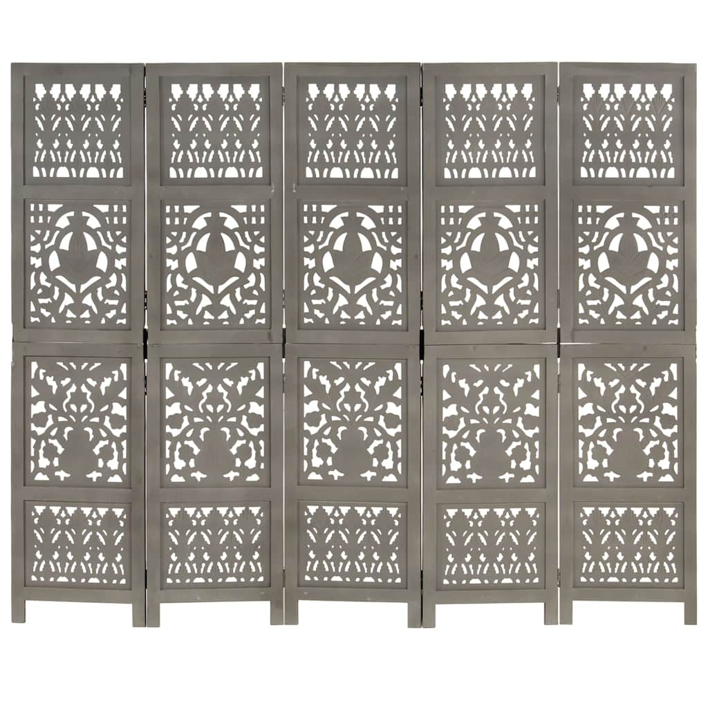 Hand Carved 5-Panel Room Divider Grey 200x165 cm Solid Mango Wood