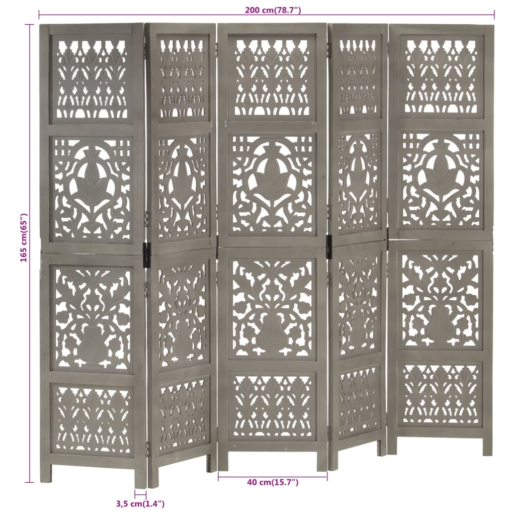 Hand Carved 5-Panel Room Divider Grey 200x165 cm Solid Mango Wood