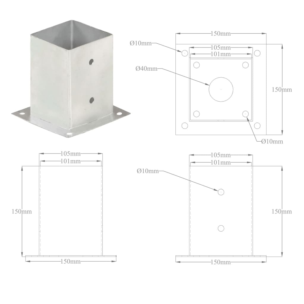 vidaXL Post Anchors 4 pcs Galvanised Metal 101 mm