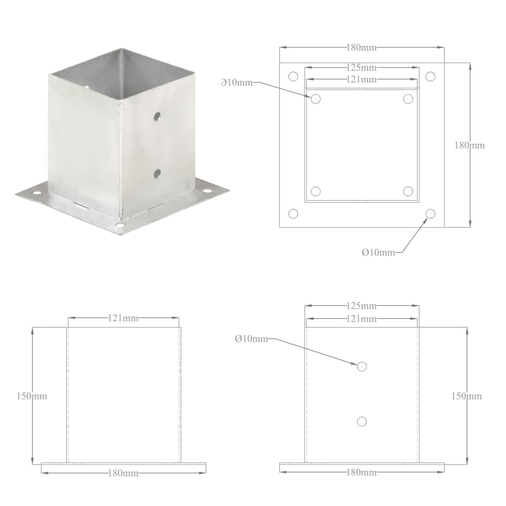 vidaXL Post Anchors 4 pcs Galvanised Metal 121 mm