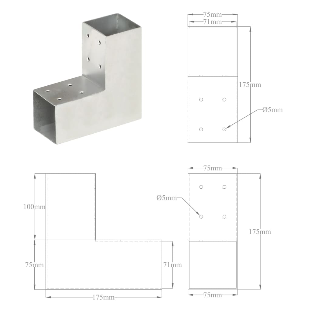 vidaXL Post Connectors 4 pcs L Shape Galvanised Metal 71x71 mm