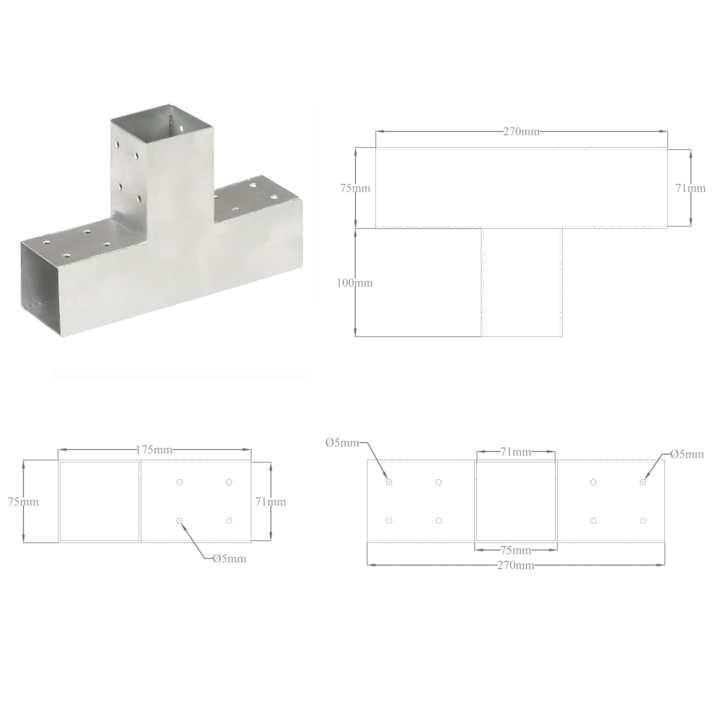 vidaXL Post Connector T Shape Galvanised Metal 71x71 mm