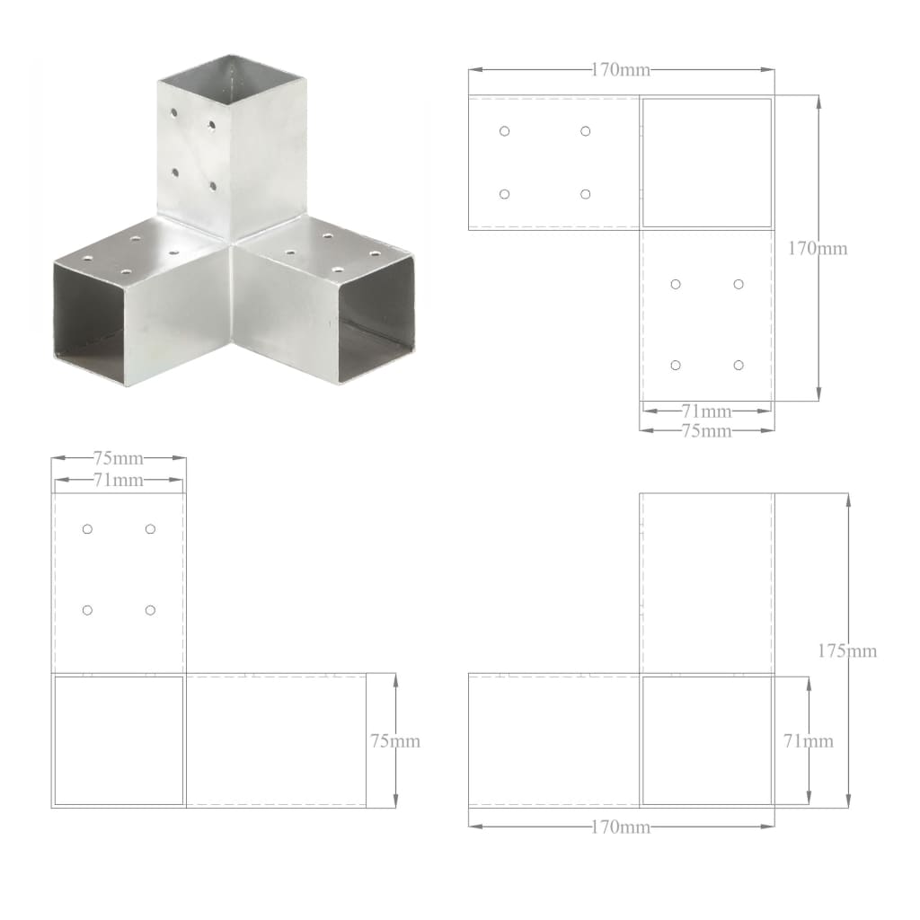 vidaXL Post Connector Y Shape Galvanised Metal 71x71 mm