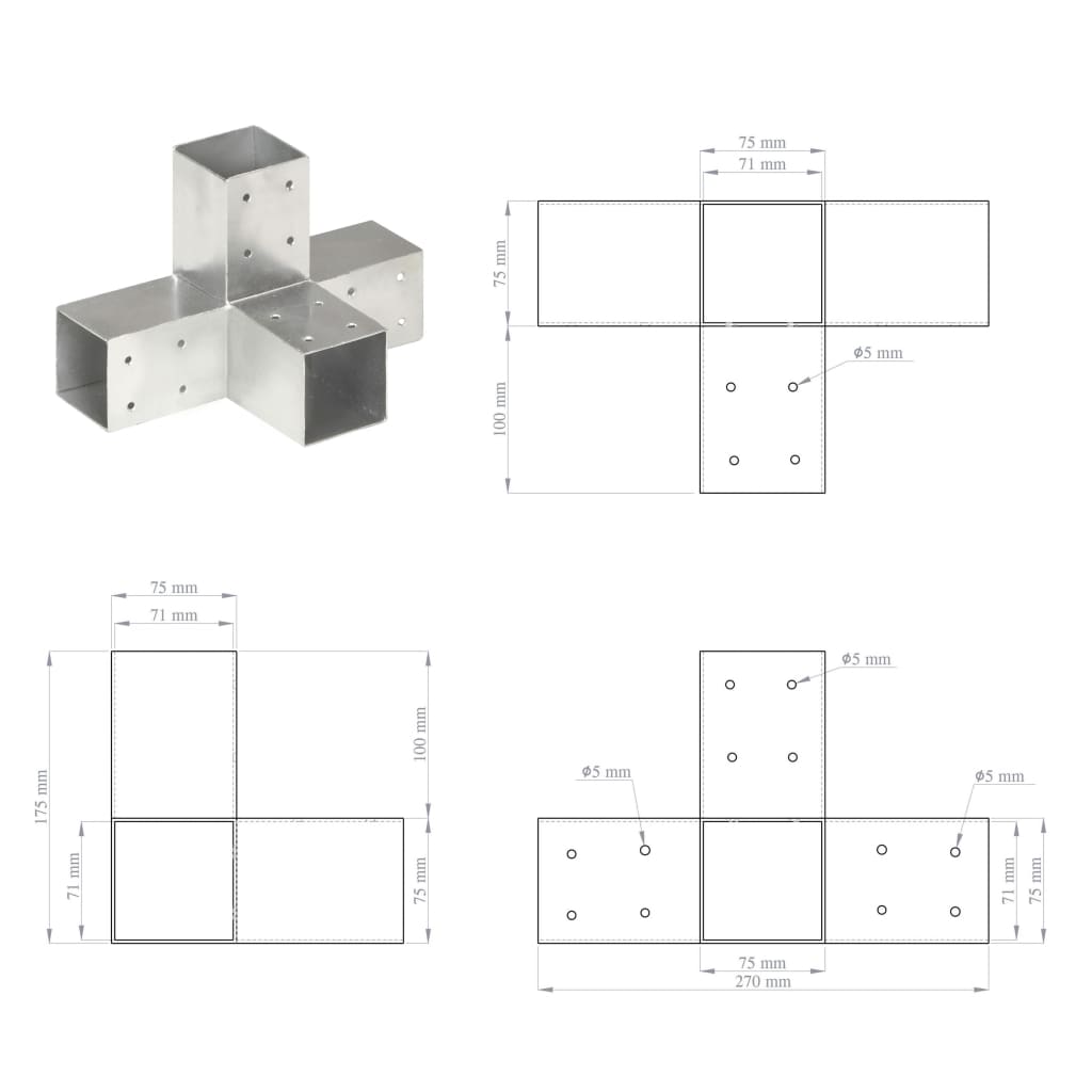 vidaXL Post Connectors 4 pcs X Shape Galvanised Metal 71x71 mm