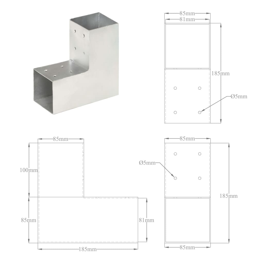 vidaXL Post Connectors 4 pcs L Shape Galvanised Metal 81x81 mm