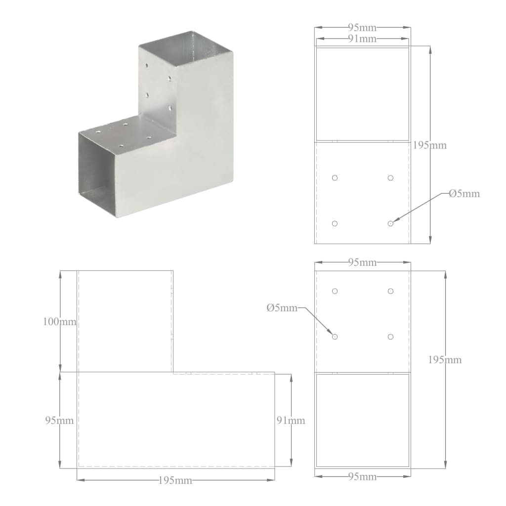 vidaXL Post Connectors 4 pcs L Shape Galvanised Metal 91x91 mm