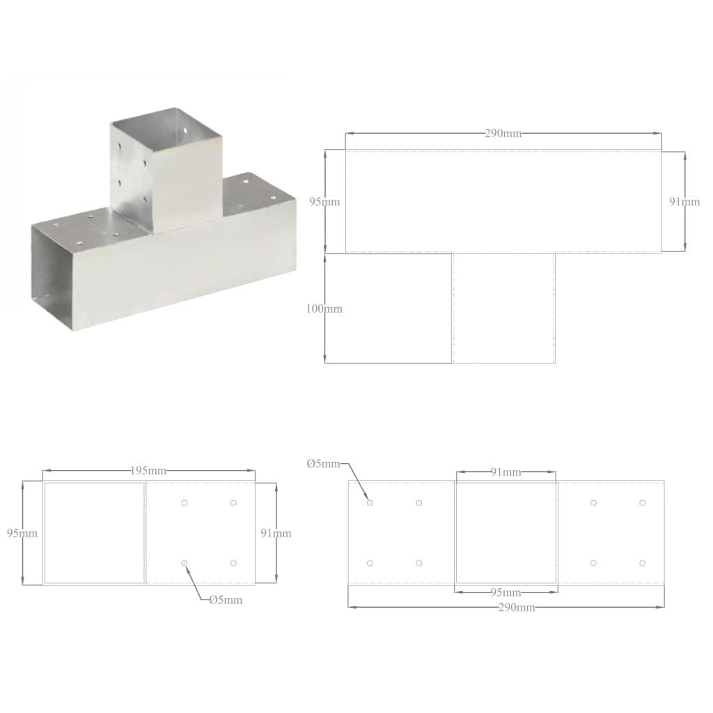 vidaXL Post Connector T Shape Galvanised Metal 91x91 mm