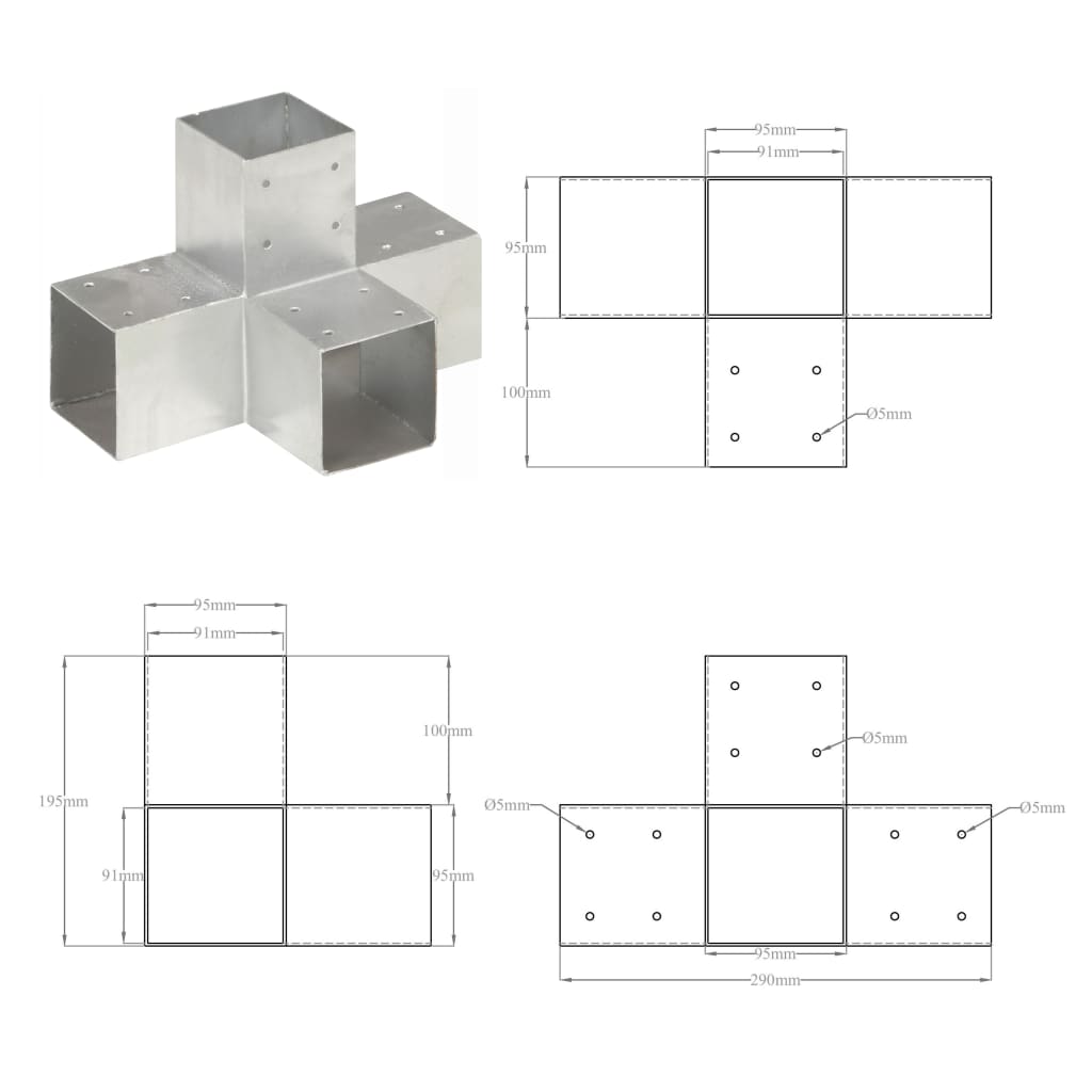 vidaXL Post Connectors 4 pcs X Shape Galvanised Metal 91x91 mm