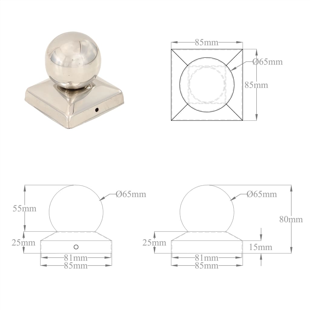 145494 vidaXL Post Caps 6 pcs Globe Final Stainless Steel 81x81 mm