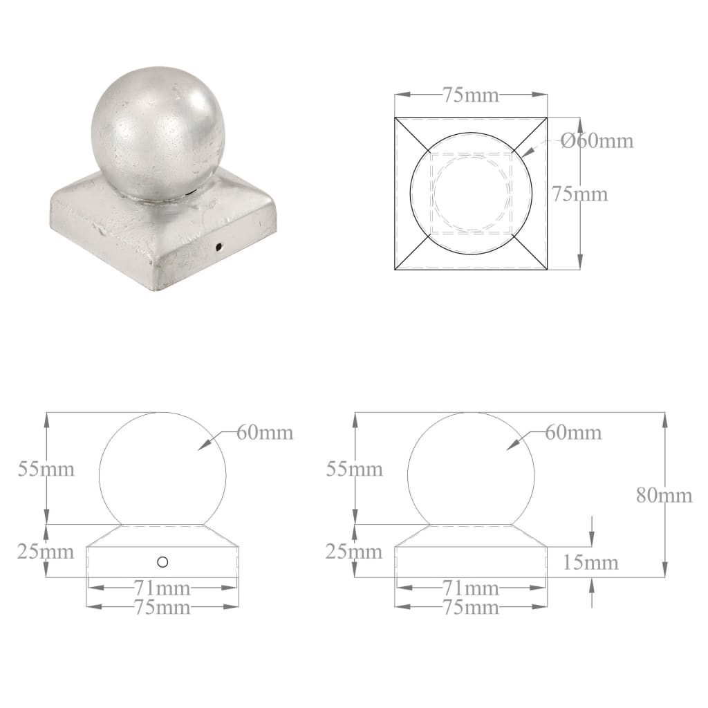 vidaXL Post Caps 6 pcs Globe Final Galvanised Metal 71x71 mm