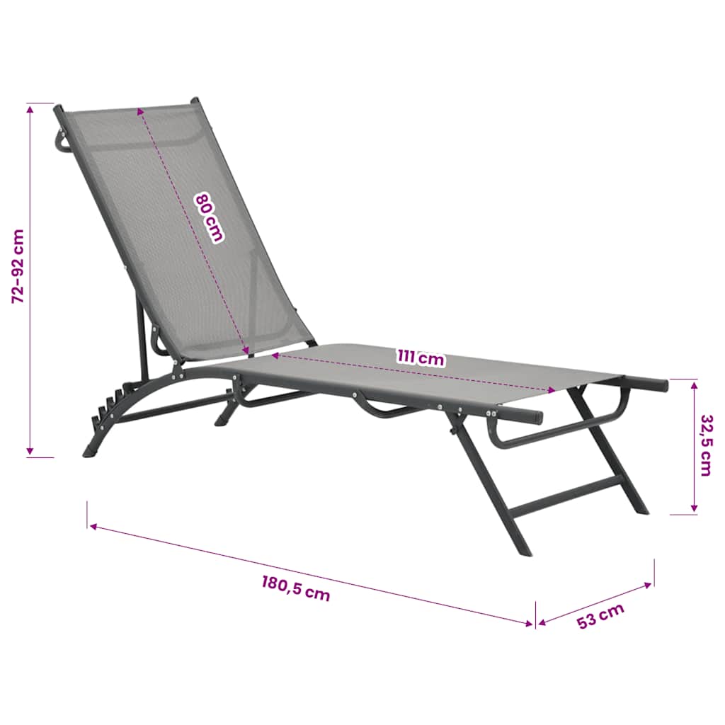 Sun Lounger | Grey | Steel, Textilene | Adjustable Armrests | Sun Lounger
