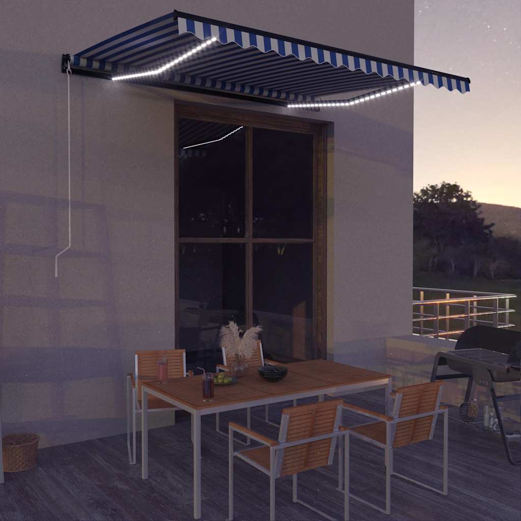 Manual Awning with Solar LED 4 x 3 m Blue and White Stripe