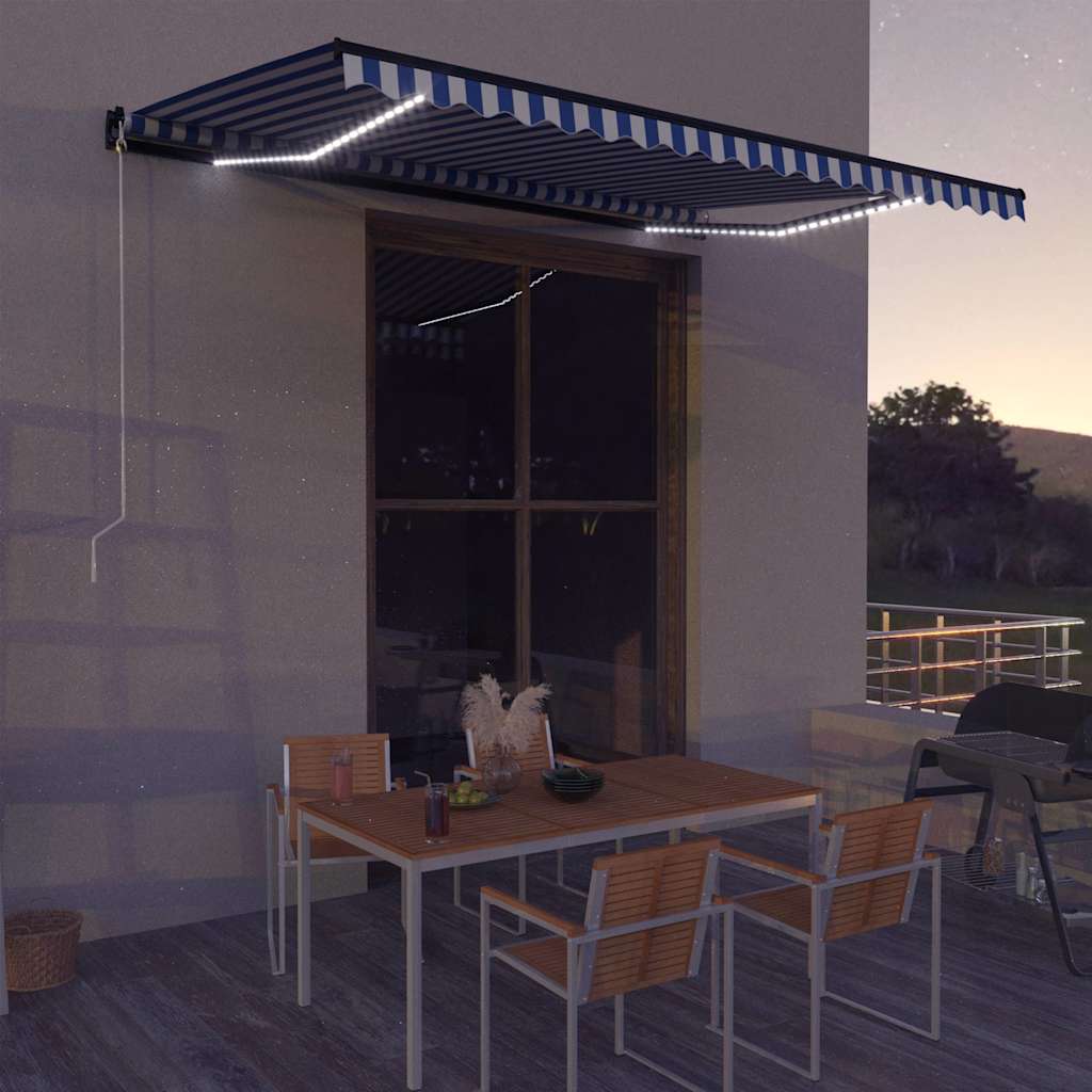 Manual Awning with Solar LED 5 x 3 m Blue and White Stripe