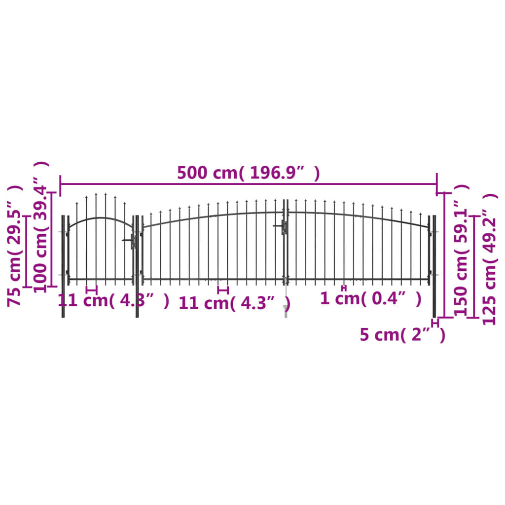 vidaXL Garden Fence Gate with Spear Top 5x1.5 m Black