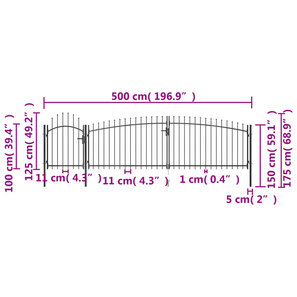 vidaXL Garden Fence Gate with Spear Top 5x1.75 m Black