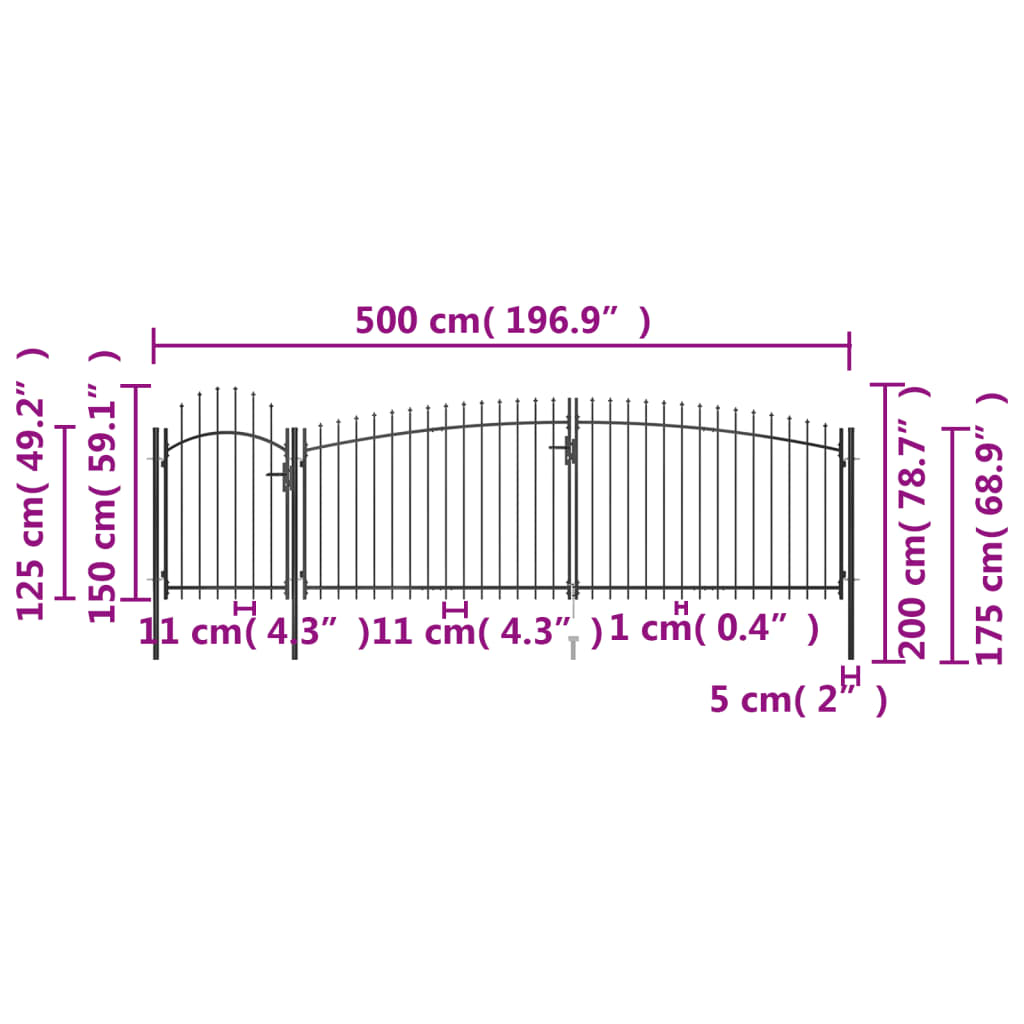 vidaXL Garden Fence Gate with Spear Top 5x2 m Black