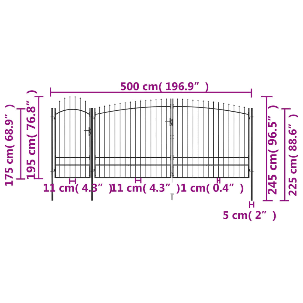 vidaXL Garden Fence Gate with Spear Top 5x2.45 m Black