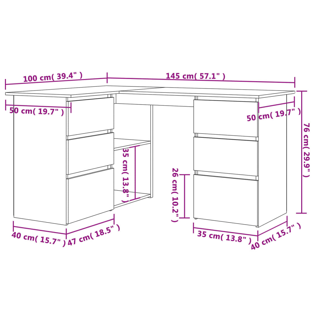 vidaXL Corner Desk Concrete Grey 145x100x76 cm Engineered Wood