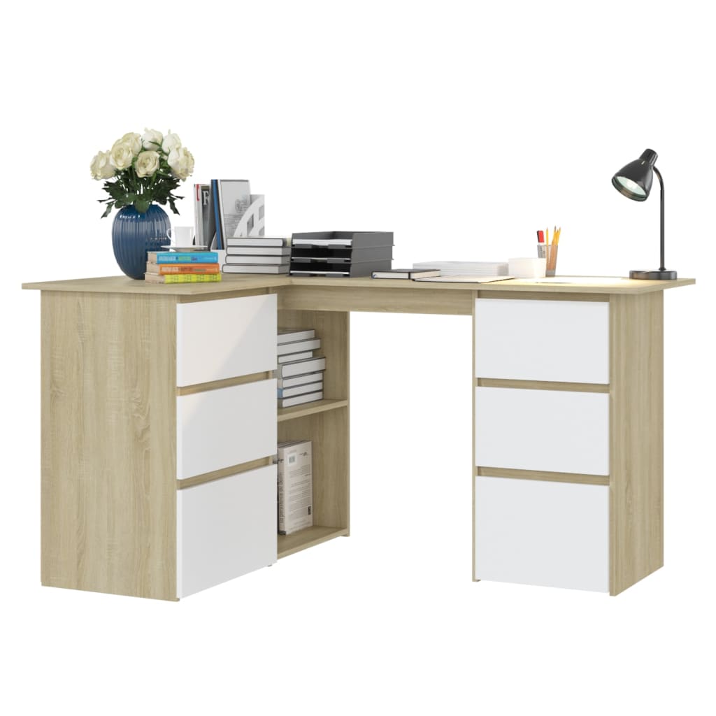 vidaXL Corner Desk White and Sonoma Oak 145x100x76 cm Engineered Wood