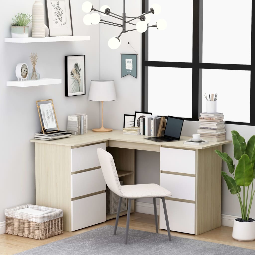 vidaXL Corner Desk White and Sonoma Oak 145x100x76 cm Engineered Wood