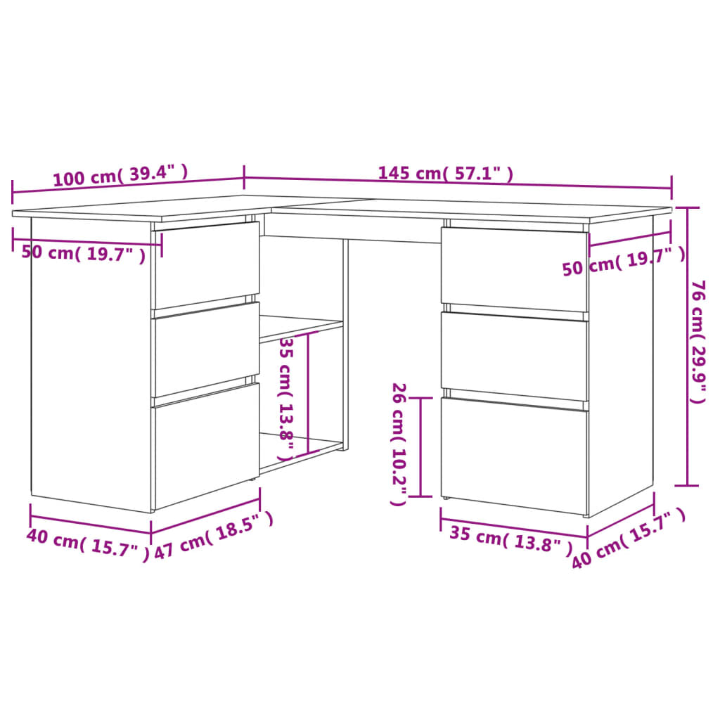 vidaXL Corner Desk High Gloss White 145x100x76 cm Engineered Wood