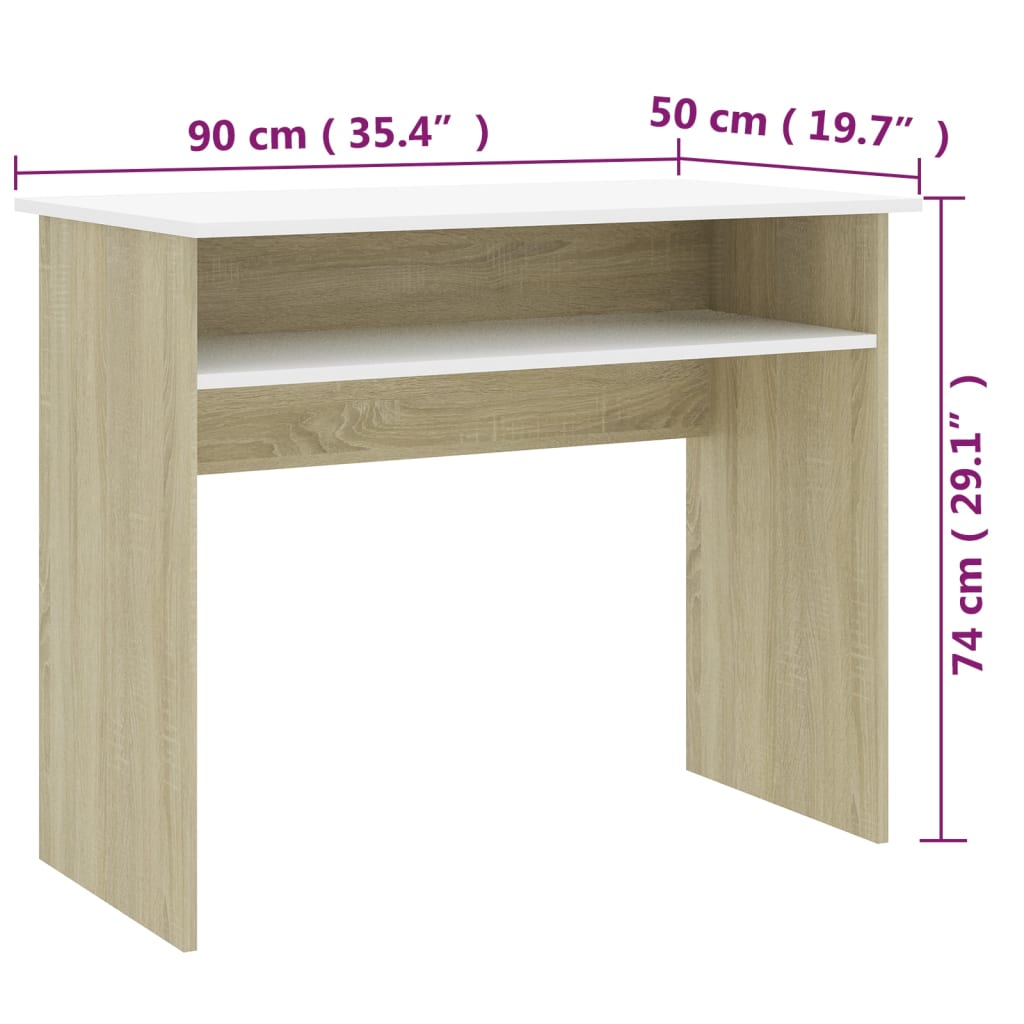 vidaXL Desk White and Sonoma Oak 90x50x74 cm Engineered Wood