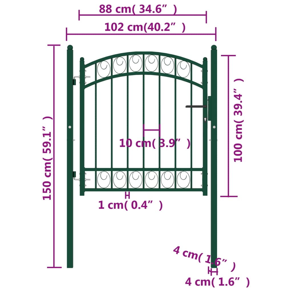 vidaXL Fence Gate with Arched Top Steel 100x100 cm Green