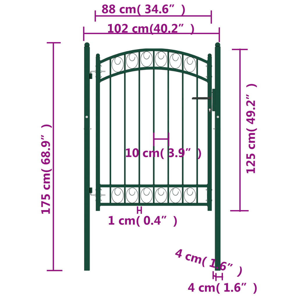 vidaXL Fence Gate with Arched Top Steel 100x125 cm Green